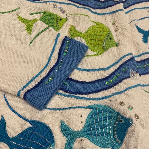 Vintage Design Options L Fish Sequin Cardigan | Rare Coastal Grandma Cottagecore - Picture 4 of 13